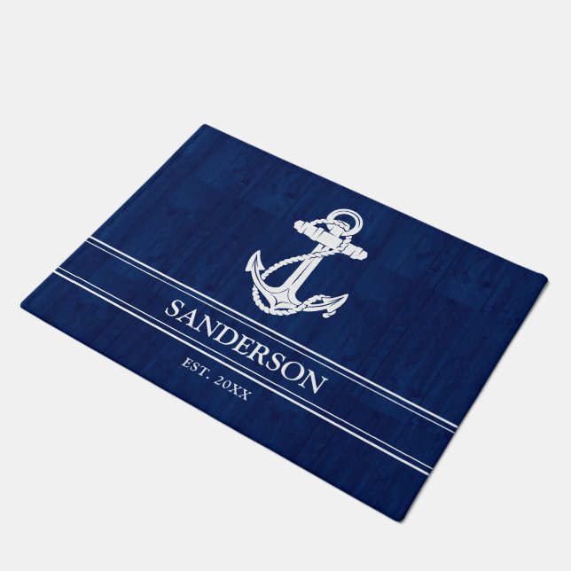 Nautical Family Name Lake House Anchor Blue Wood Doormat (Angled)