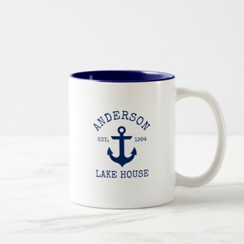 Nautical Family Name Lake House Blue Anchor B Two_Tone Coffee Mug
