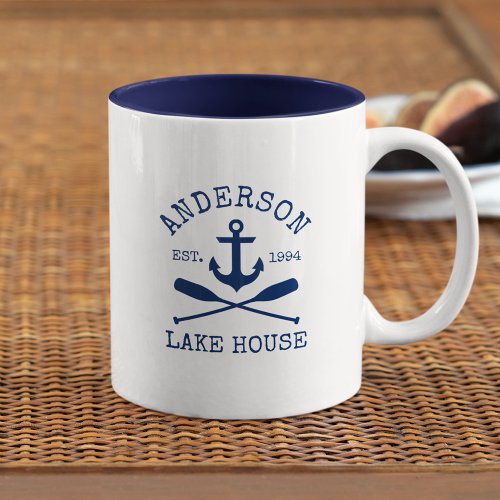 Nautical Family Name Lake House Blue Anchor Oars Two_Tone Coffee Mug