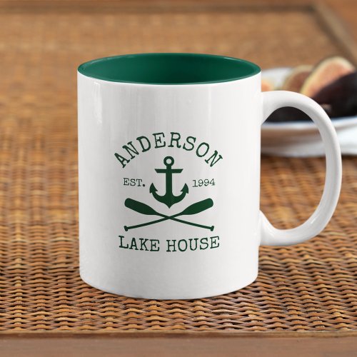 Nautical Family Name Lake House Green Anchor Oars Two_Tone Coffee Mug