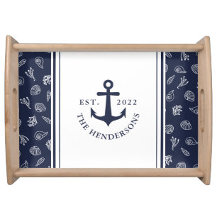 Nautical Family Name White Navy Blue Anchor Serving Tray