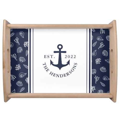 Nautical Family Name White Navy Blue Anchor Serving Tray