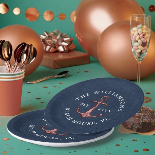 Nautical Family Navy Blue and Rose Gold Anchor Paper Plates