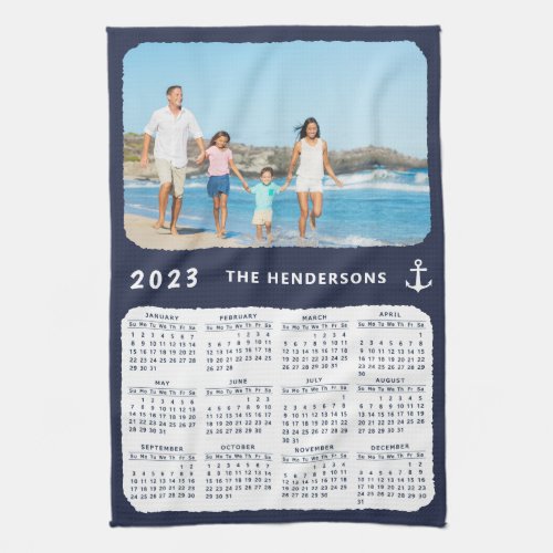 Nautical Family Photo Navy Blue 2023 Calendar Kitchen Towel