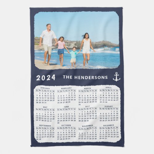 Nautical Family Photo Navy Blue 2024 Calendar Kitchen Towel