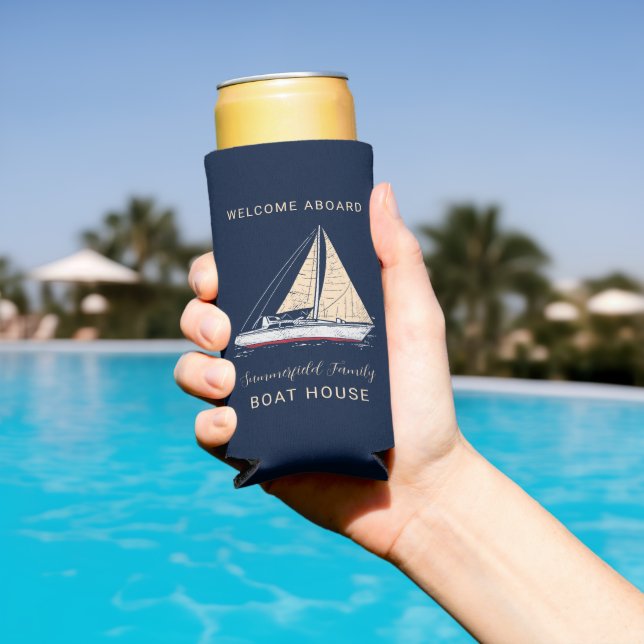 Nautical Family Reunion Boat House Sailing Custom Seltzer Can Cooler (In Situ Pool)