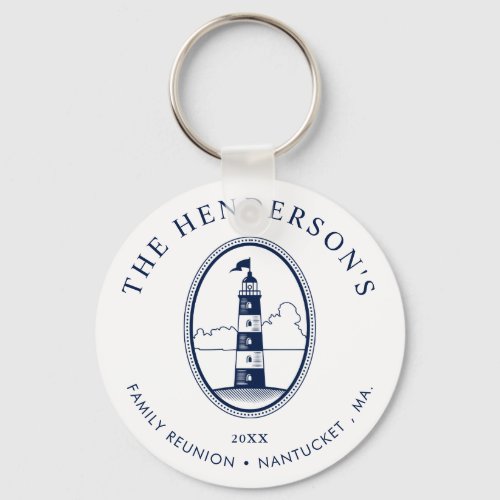 Nautical Family Reunion Lighthouse WhiteNavy Keychain