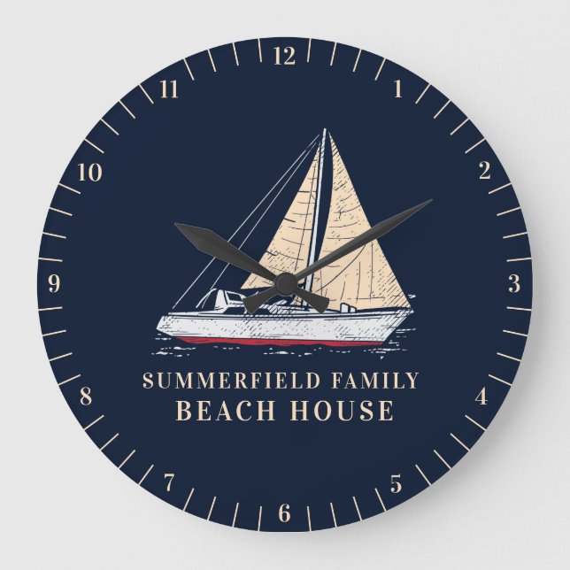 Nautical Family Sailboat Beach House Decor Large Clock (Front)