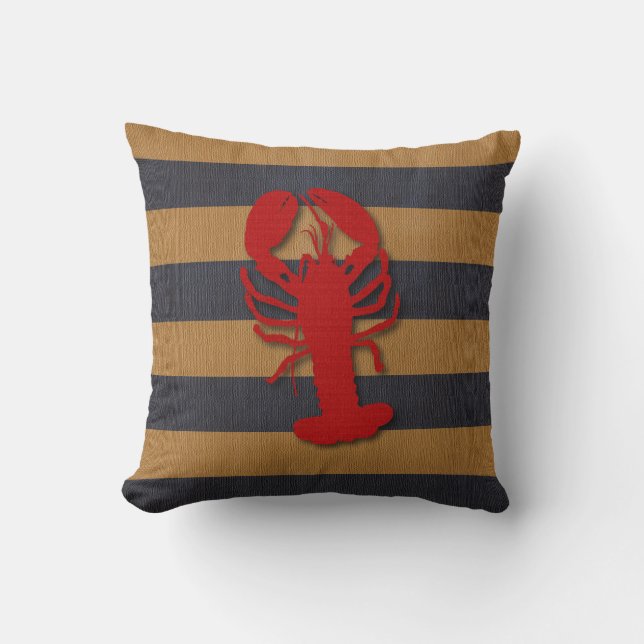 Nautical Faux Burlap Tan & Blue Stripes Throw Pillow (Front)