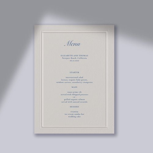 Nautical Faux Embossed Blue Modern Classic Wedding Menu