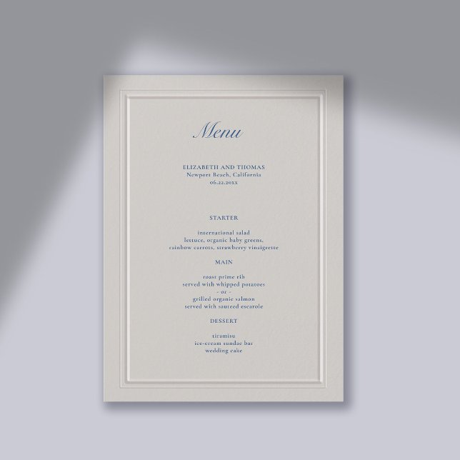 Nautical Faux Embossed Blue Modern Classic Wedding Menu (wedding menu card traditional classic formal  faux embossed nautical  frame ocean beach boat yacht)