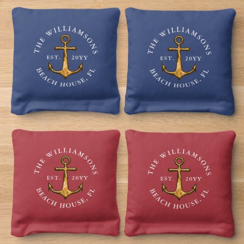 Nautical Faux Gold Anchor Beach House Family Cornhole Bags