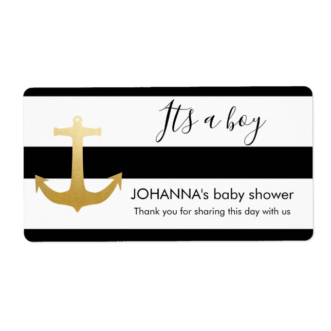 Nautical Faux Gold Foil Anchor Water Bottle Favor Label (Front)
