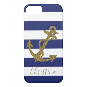 Nautical Faux Gold Glitter Anchor Blue Stripes iPhone 8/7 Case
