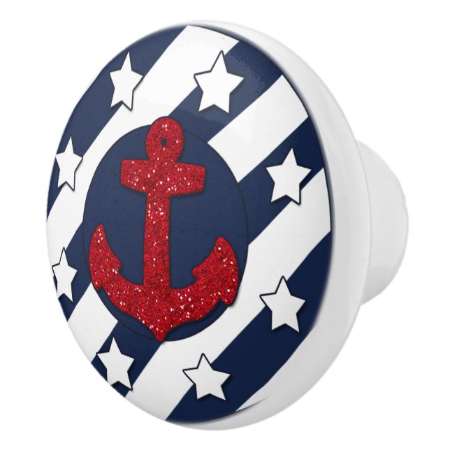 Nautical | Faux Red Glitter | White Stars Ceramic Knob (Right)
