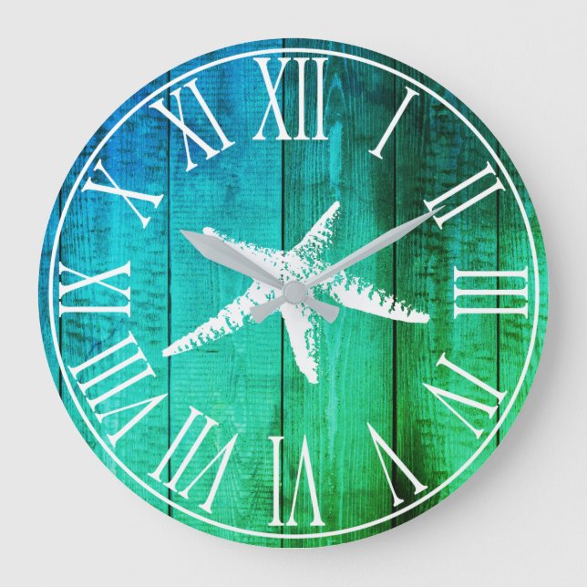 Nautical Faux Wood Ocean Hues & White Starfish Large Clock (Front)