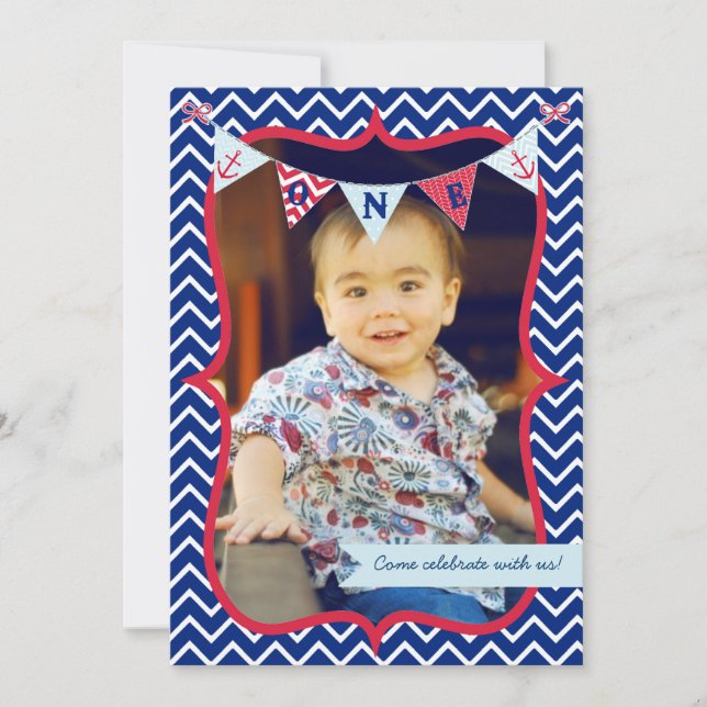 Nautical First Birthday Boy Photo Party Invitation (Front)