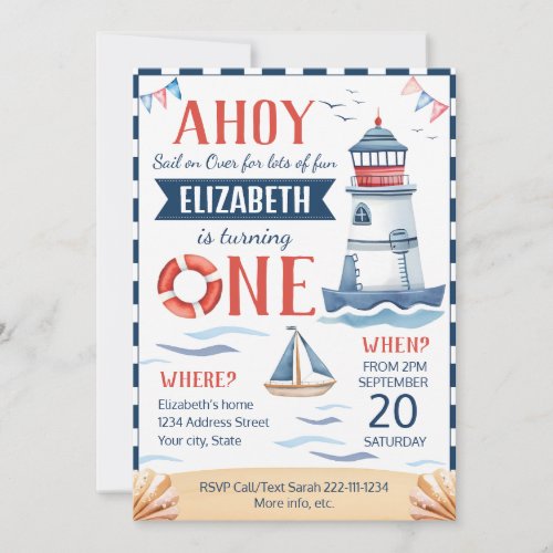 Nautical first birthday party invitation