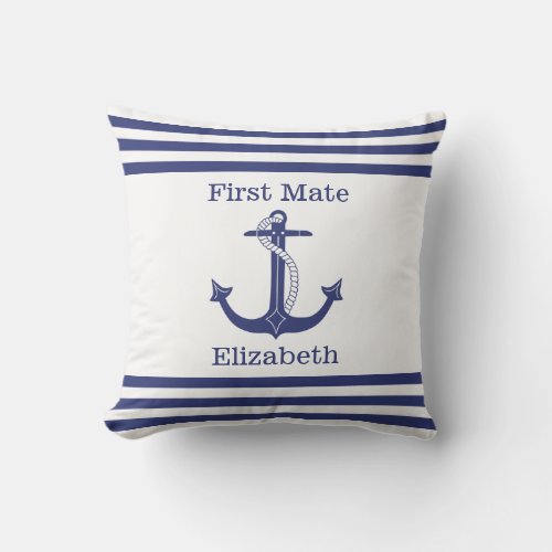 Nautical First Mate Blue Anchor Add Name Outdoor Pillow