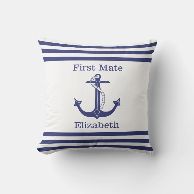 Nautical First Mate Blue Anchor Add Name Outdoor Pillow (Front)
