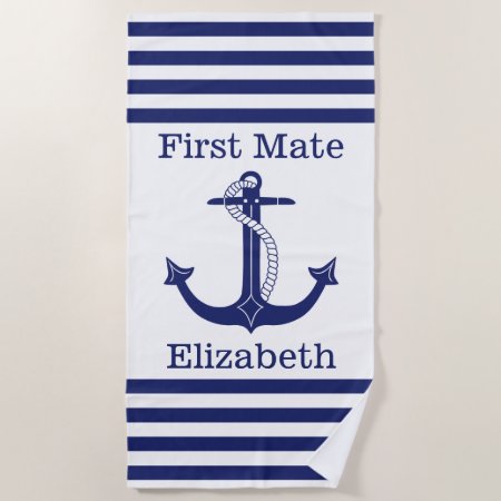 Nautical First Mate Blue Anchor Personalized Beach Towel