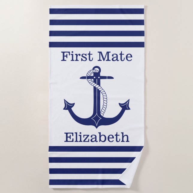Nautical First Mate Blue Anchor Personalized Beach Towel (Front)