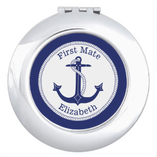 Nautical First Mate Blue Anchor Personalized Makeup Mirror