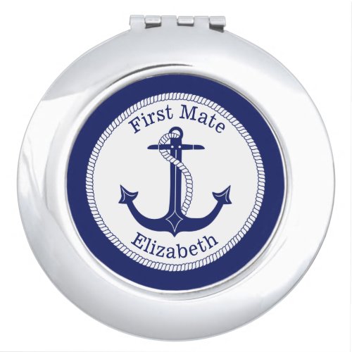 Nautical First Mate Blue Anchor Personalized Makeup Mirror