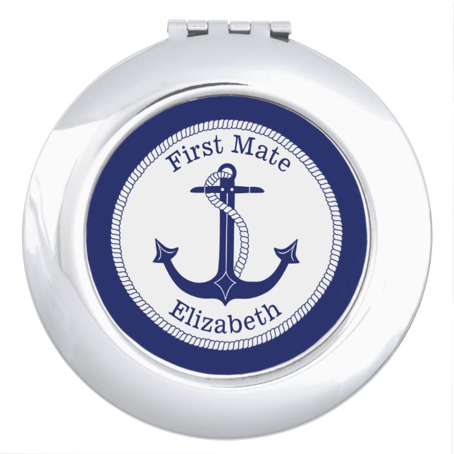Nautical First Mate Blue Anchor Personalized Makeup Mirror (Front)