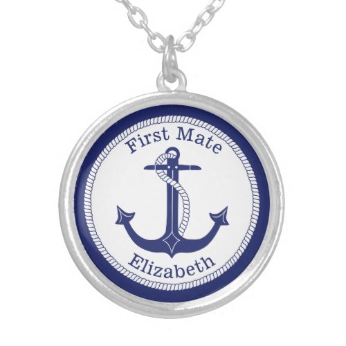 Nautical First Mate Blue Anchor Personalized Silver Plated Necklace