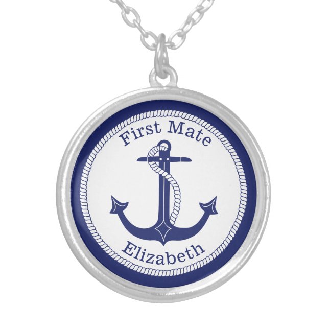 Nautical First Mate Blue Anchor Personalized Silver Plated Necklace (Front)