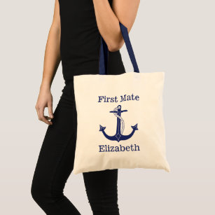 Nautical First Mate Blue Anchor Personalized Tote Bag