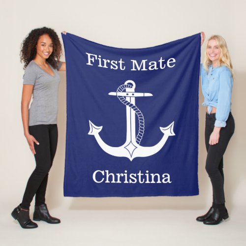 Nautical First Mate White Anchor Personalized Fleece Blanket