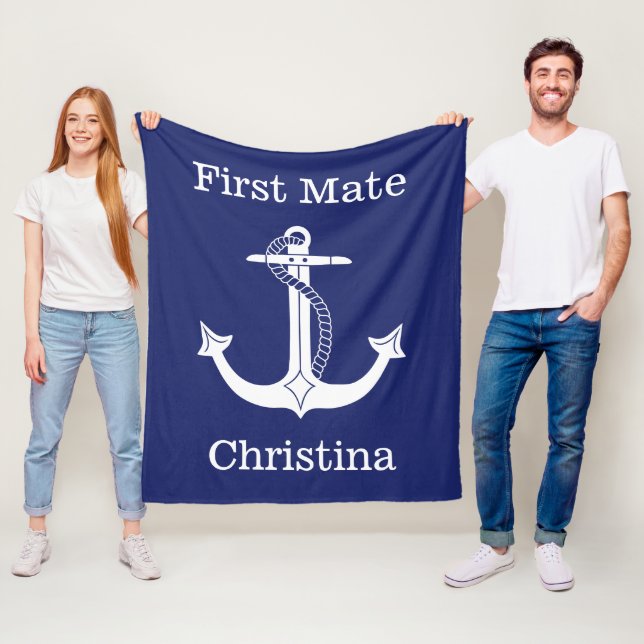 Nautical First Mate White Anchor Personalized Fleece Blanket (In Situ)