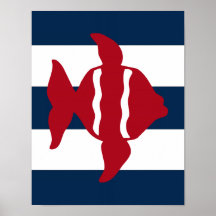 Nautical Fish print red, navy and white