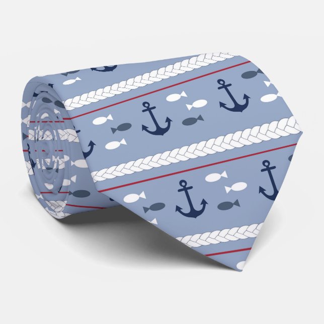 Nautical Fish Sailing Boating Red White Blue Neck Tie (Rolled)