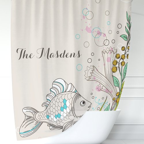 Nautical Fish Seaweed Coral Ocean Monogram Shower Curtain