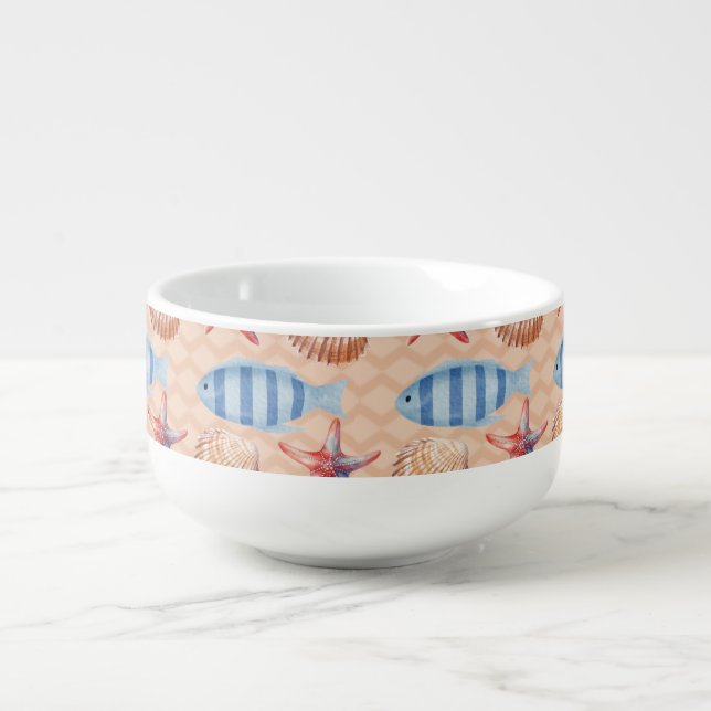 Nautical Fish Starfish Shell Ocean Pattern Soup Mug (Front)