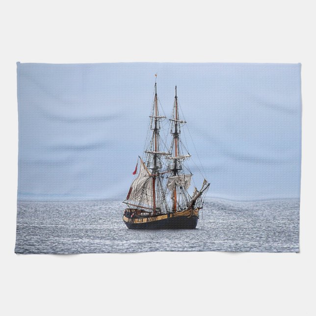Nautical Fishing Boat Blue Skies Kitchen Towel (Horizontal)