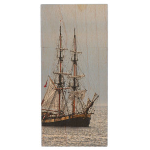 Nautical Fishing Boat Blue Skies Wood Flash Drive