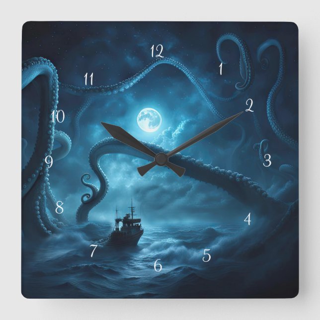 Nautical Fishing Boat Ocean with Giant Octopus Square Wall Clock (Front)