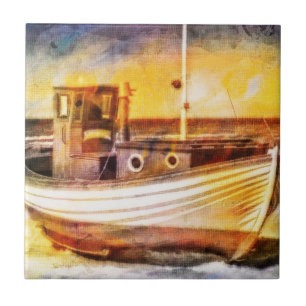Nautical Fishing Boat on Beach at Sunset Ocean Art Ceramic Tile