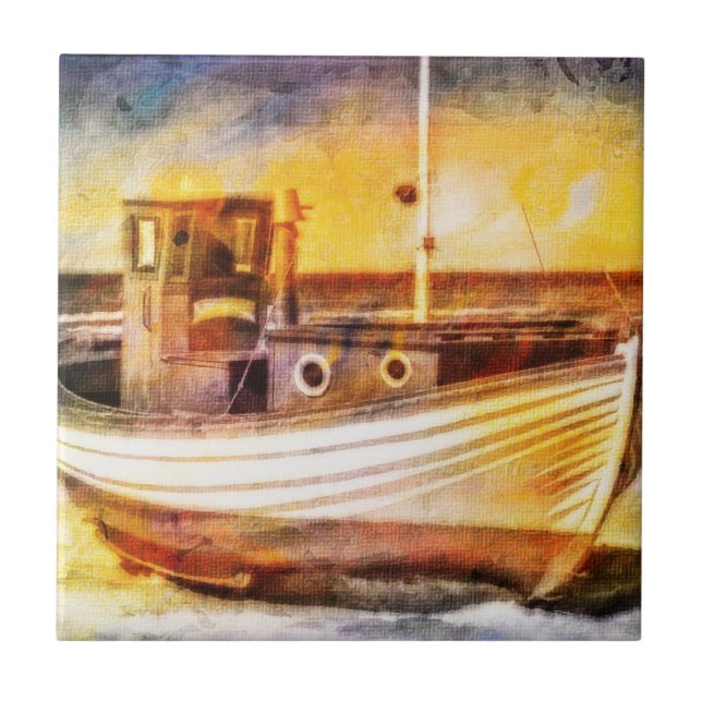 Nautical Fishing Boat on Beach at Sunset Ocean Art Ceramic Tile (Front)