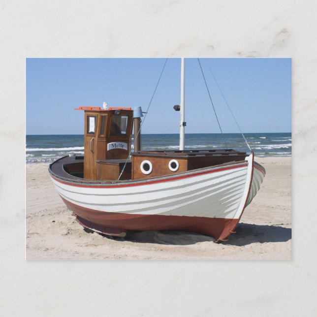 Nautical Fishing Boat sitting on Sandy Ocean Beach Postcard (Front)