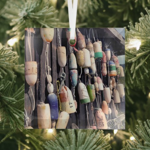 Nautical Fishing Buoys on Rustic Building Glass Ornament