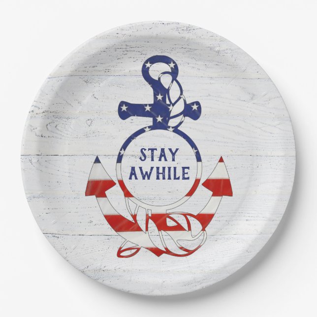 Nautical Flag Anchor on Whitewashed Wood Paper Plates (Front)