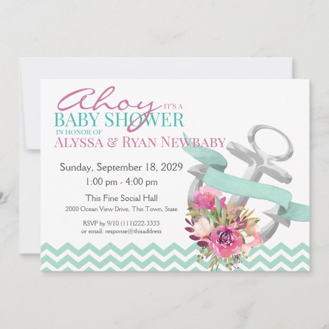 Nautical Floral Anchor Baby Shower Invitation (Front)
