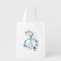 Nautical Floral Anchor Blue Blush Pink Anemone Grocery Bag