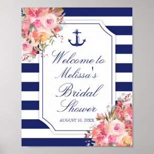 Nautical Floral Anchor Blue Stripe Bridal Shower Poster