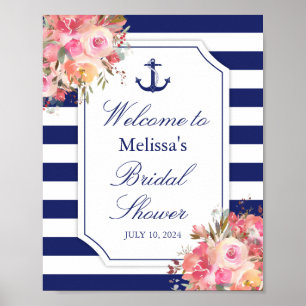 Nautical Floral Anchor Blue Stripe Bridal Shower Poster
